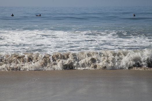 Heavy, foamy waves lapping at the ocean shore