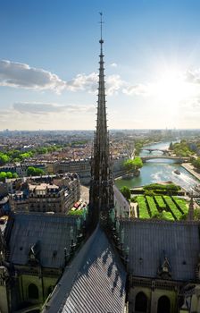 Spire of Notre Dame and aerial view of Paris, France