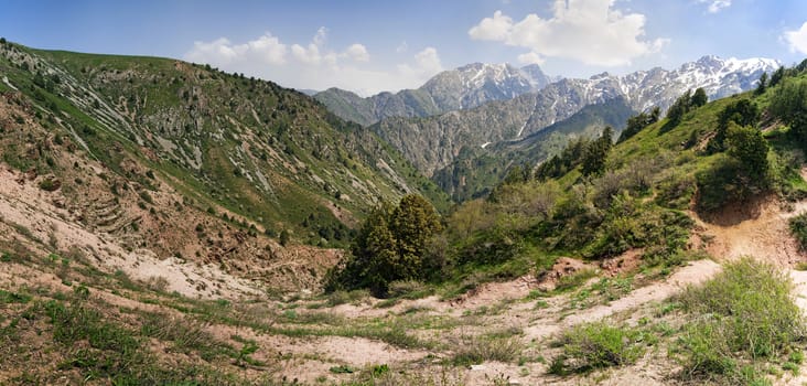 Panorama of Chimgan mountains, Uzbekistan, on a sunny day