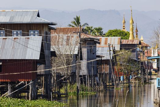 Traditional wooden stilt houses at the Inle lake, Shan state, Myanmar (Burma).