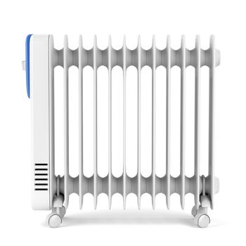 Oil-filled radiator heater on white background 