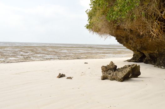 Small cove with a rock on the white sand of the bamburi beach in Mombasa, Kenya