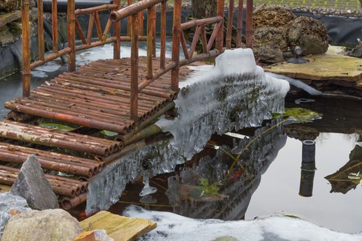 Icicles hanging from a bridge over a frozen lake.