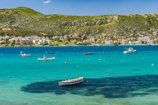 Porto Rafti, Athens suburban harbor view with fisher boats during springtime, Greece