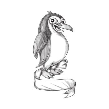 Tattoo style illustration of a Penguin an aquatic, flightless bird viewed from the side set on isolated white background with ribbon scroll. 
