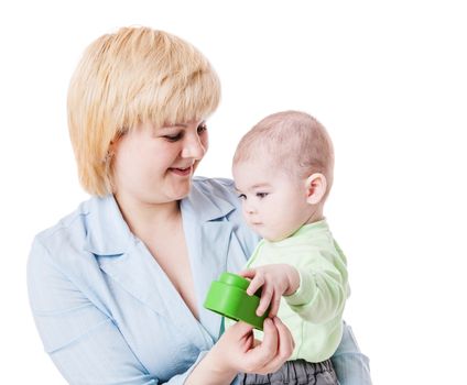 Mother and son playing together isolated on white