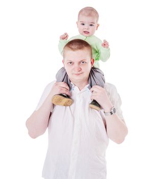 Happy Father holding son on neck isolated on white