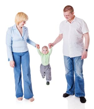 Happy Family walking together isolated on white