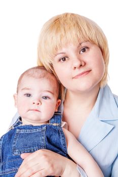 Mother and little son portrait isolated on white