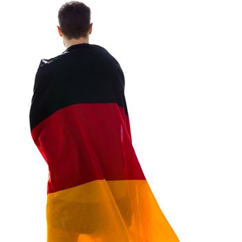 Rear view of man wearing german flag in a white background 