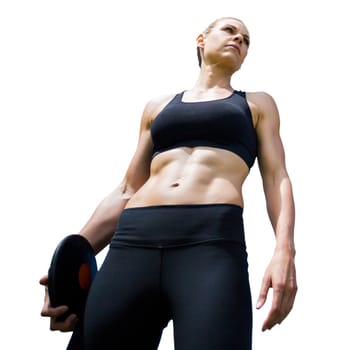 Low angle view of sportswoman holding a discus on a white background