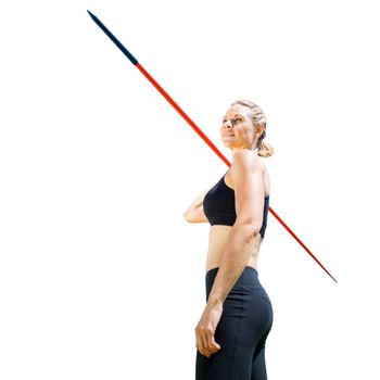 Sportswoman holding a javelin on a white background
