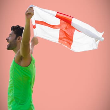 Profile view of sportsman holding an England flag against salmon background