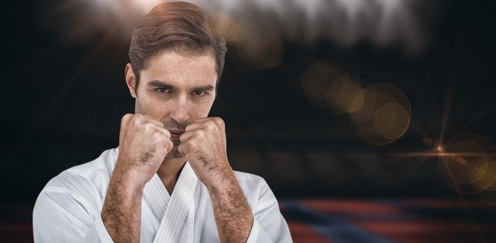 Fighter performing karate stance against view of a playing field indoor