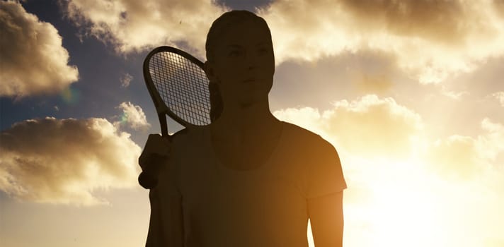 Female tennis player posing with racket against cloudy sky