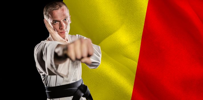Fighter performing karate stance against digitally generated belgium national flag