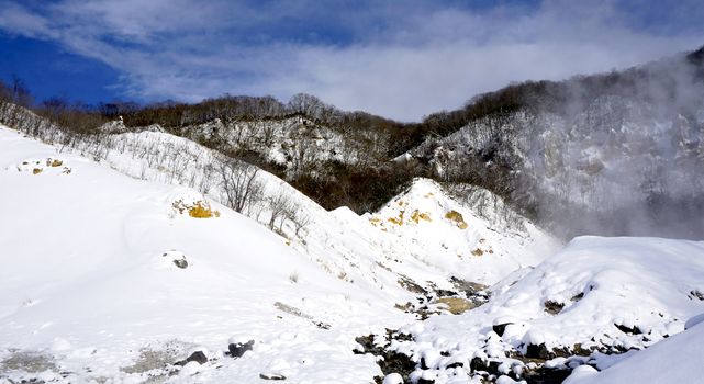 Noboribetsu onsen snow mountain hell valley winter national park in Jigokudani, Hokkaido, Japan