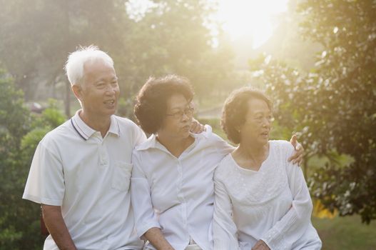 Portrait of healthy Asian seniors group at outdoor nature park, in morning beautiful sunlight at background.