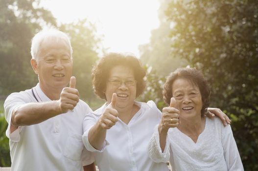 Group of healthy Asian seniors retiree giving thumbs up at outdoor nature park, in morning beautiful sunlight at background.