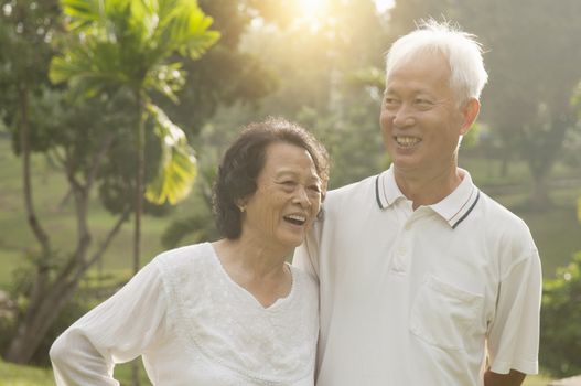 Portrait of healthy and happy Asian seniors retiree couple having fun at outdoor nature park, morning beautiful sunlight background.