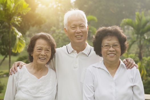 Group of healthy happy Asian seniors celebrating friendship at outdoor nature park, in morning beautiful sunlight at background.