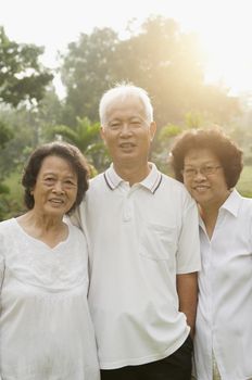 Group of healthy happy Asian seniors enjoy retired life at outdoor nature park, in morning beautiful sunlight at background.