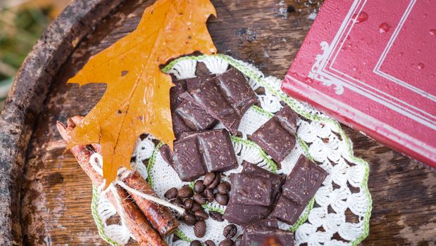 chocolate on a wooden barrel in the fall