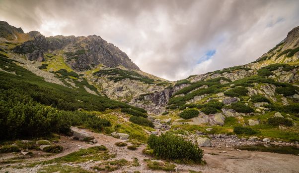 Mountain Landscape with Skok Waterfall on Cloudy Day. Mlynicka Valley, High Tatra, Slovakia.