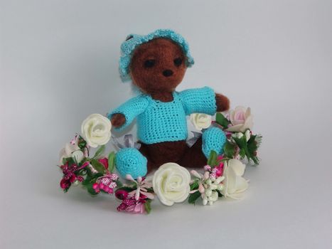 teddy bear handmade. blue yarn