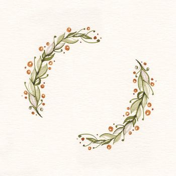 Watercolor wreath with green leaves and branches. Used for wedding invitation, greeting cards