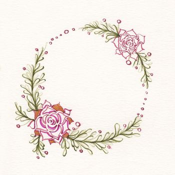 Watercolor floral wreath with succulents, green leaves and branches. Used for wedding invitation, greeting cards