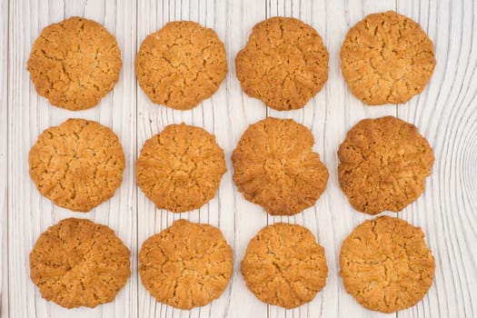 Cookie on an old white wooden table.Top view.