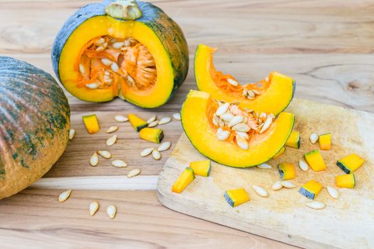 Sliced pumpkin on kitchen table