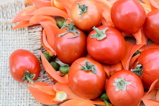 Ripe red tomatoes on flowers