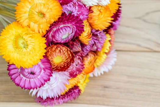 Beautiful strawflowers on wooden table