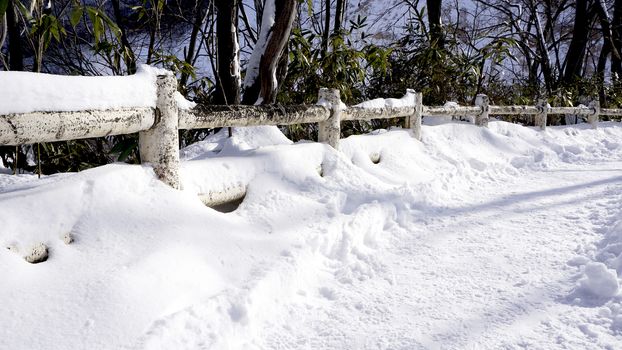 Snow walkway and railing in the forest Noboribetsu onsen snow winter national park in Jigokudani, Hokkaido, Japan