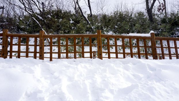 Snow walkway and wooden railing in the forest Noboribetsu onsen snow winter national park in Jigokudani, Hokkaido, Japan