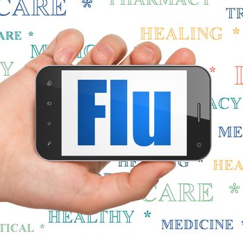 Healthcare concept: Hand Holding Smartphone with  blue text Flu on display,  Tag Cloud background, 3D rendering