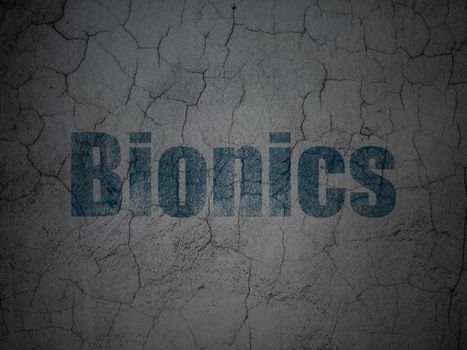 Science concept: Blue Bionics on grunge textured concrete wall background