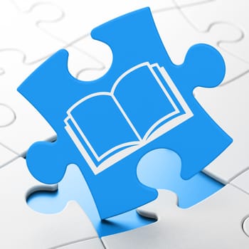 Science concept: Book on Blue puzzle pieces background, 3D rendering