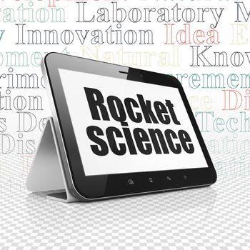 Science concept: Tablet Computer with  black text Rocket Science on display,  Tag Cloud background, 3D rendering