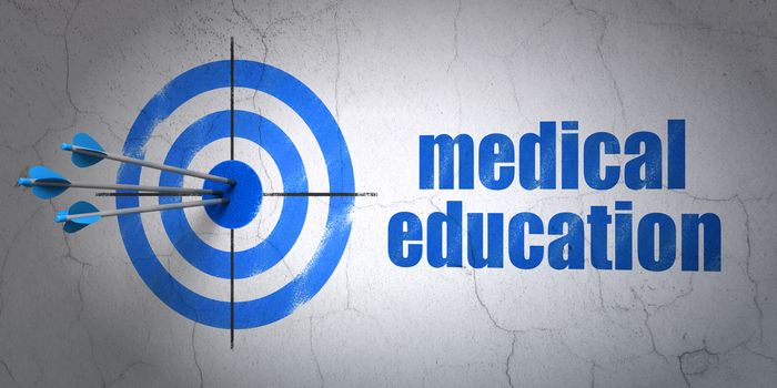 Success Learning concept: arrows hitting the center of target, Blue Medical Education on wall background, 3D rendering