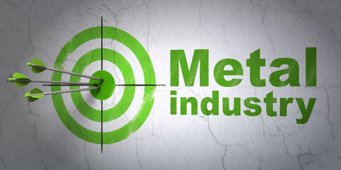 Success Manufacuring concept: arrows hitting the center of target, Green Metal Industry on wall background, 3D rendering