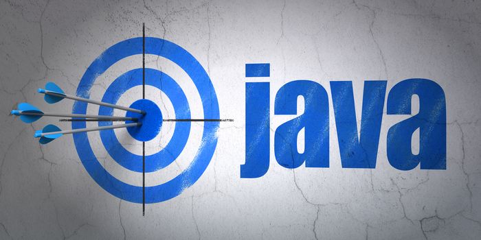 Success Software concept: arrows hitting the center of target, Blue Java on wall background, 3D rendering