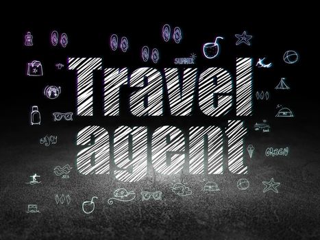 Travel concept: Glowing text Travel Agent,  Hand Drawn Vacation Icons in grunge dark room with Dirty Floor, black background