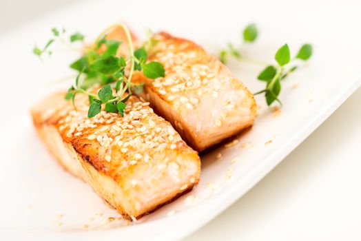 Grilled salmon, sesame seeds  and marjoram on white plate. Studio shot