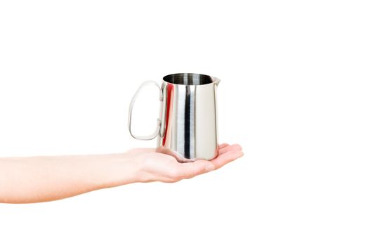 Stainless Steel Milk Boiler Jug in hand isolated on white background
