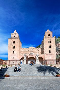 CEFALU, ITALY - APRIL 17, 2014: The Cathedral-Basilica of Cefalu (Duomo di Cefalu) is a Roman Catholic church in Cefalu, Sicily, Italy. The cathedral, dating from 1131, built in the Norman style.