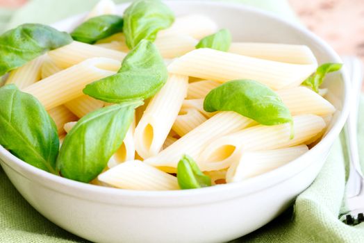 Macaroni and basil leafs in plate