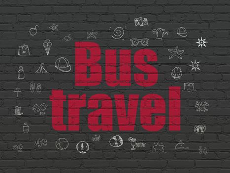 Travel concept: Painted red text Bus Travel on Black Brick wall background with  Hand Drawn Vacation Icons